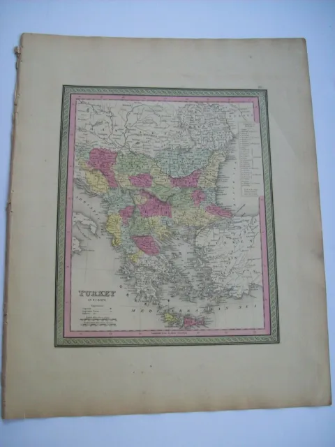 Antique 1854 MITCHELL MAP TURKEY IN EUROPE # 62  hand tinted   old