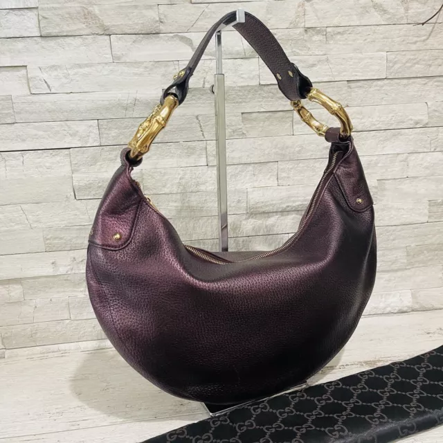 Gucci Tom Ford Leather Metallic Plum Crescent Hobo Shoulder Bag Gold Bamboo Y2K