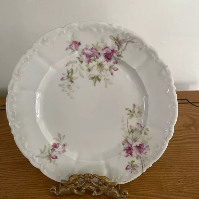 Vintage WEIMAR GERMANY White Plate with Pink & Purple Flowers - 7 1/2"