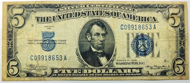 1934 Five Dollar Silver Certificate - $5 Lincoln Blue Seal Note -Ship in Sleeve