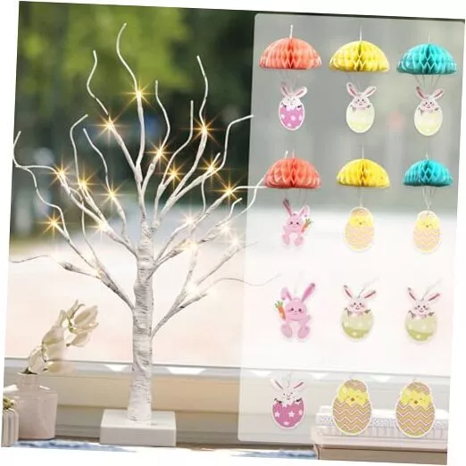 Easter Tree Decorations for Home, 2FT Lighted Birch Tree with Bunny Hanging