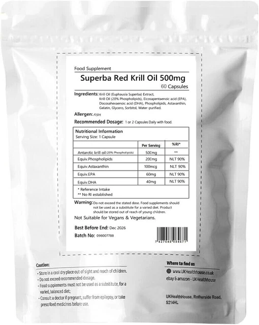SUPERBA PURE RED Krill Oil Capsules 500mg x 60 Extra High Strength
