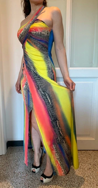 Abito estivo lungo monospalla elasticizzato multicolore con spacco