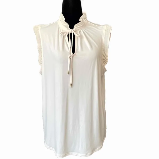 Anne Klein Sleeveless Cream Ruffle Collar Tie-Neck Blouse SZ L