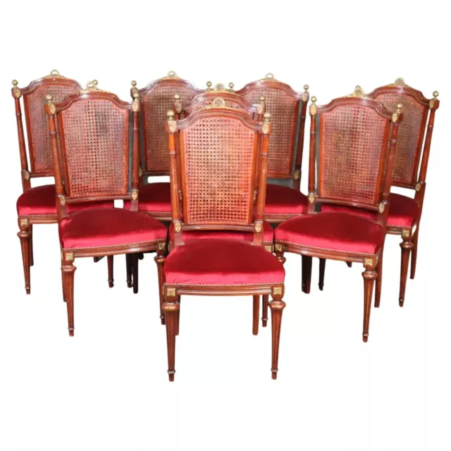 Set of 8 French Louis XVI Style Mahogany Cane Back Dining Chairs with Ormolu