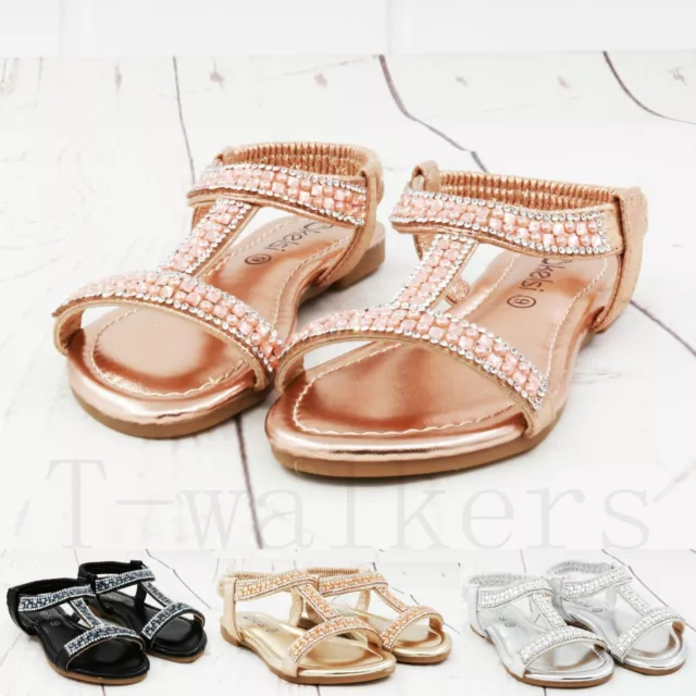 Kids Childrens Girls Infants Summer Diamante Flat Glitter Strap Sandals Shoes Sz