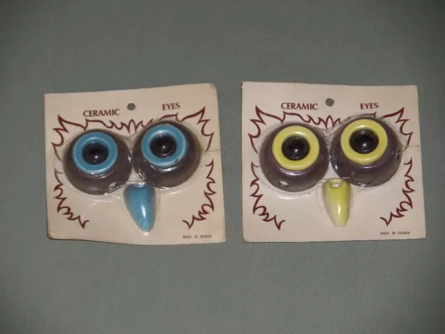 2 Sets Vintage Ceramic Owl Face Eyes Beak Macrame Beads Blue Yellow Brown