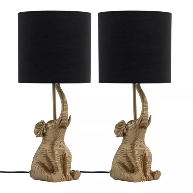 Set of 2 Gold Elephant Table Lamps Bedside Lights Retro Animal Bedroom Light