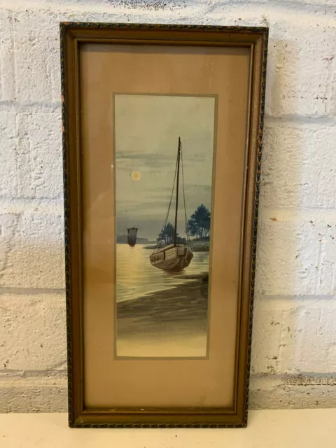 Ancien Début 20th Siècle Japonais Aquarelle Peinture Bateaux Sur Eau À Nuit