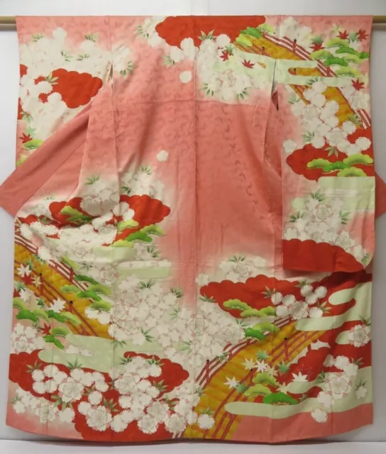 2311T01z1070 Vintage Japanese Kimono Silk FURISODE Sakura Coral pink
