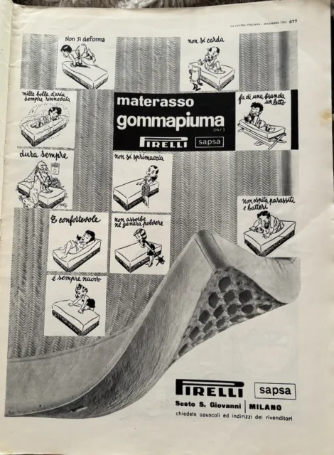 Pirelli Materasso Gommapiuma pubblicità Rivista La Cucina Italiana Dicembre 1955
