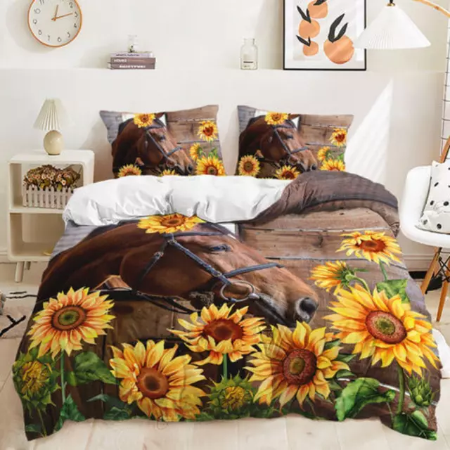 Rural Horse Sunflower Farmhouse Quilt Duvet Cover Set Bedding Single Super King