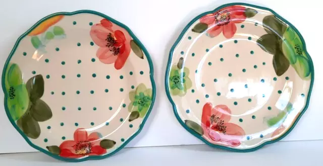 Pioneer Woman Vintage Bloom Floral 10.5" Dinner Plates Turquoise Polka Dots New