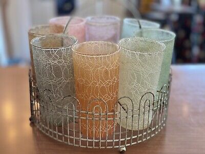 8 Vintage Mid Century Pastel Glasses Tumblers With Carrier Caddy Rack RARE
