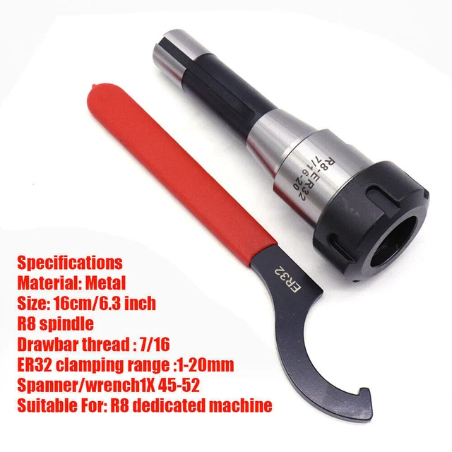 Metal 7/16" R8-ER32 Collet Chuck R8 spindle ER32 Clamping Range:1-20mm Spanner