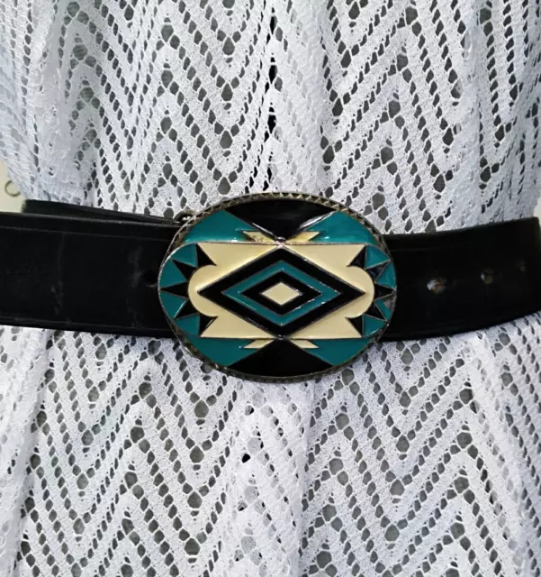 ALBERTO L 38 black leather BELT Siskiyou Pewter Belt Buckle 1990 NATIVE INDIAN