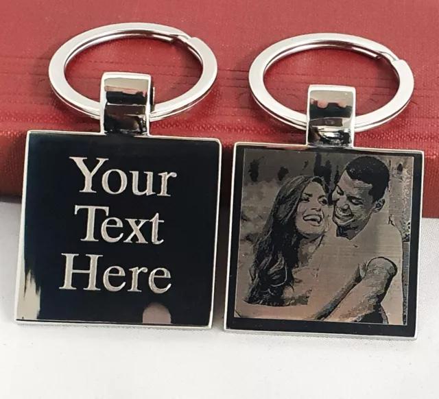 Silver Plated Keyring - Photo & Text Engraved Personalised Birthday Gift Fob SQ