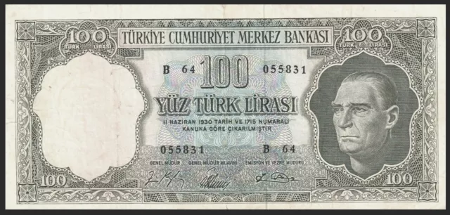 🇹🇷 TURKEY ATATURK 100 LIRA 1964 , P-177 Prefix : B 64 BANKNOTE