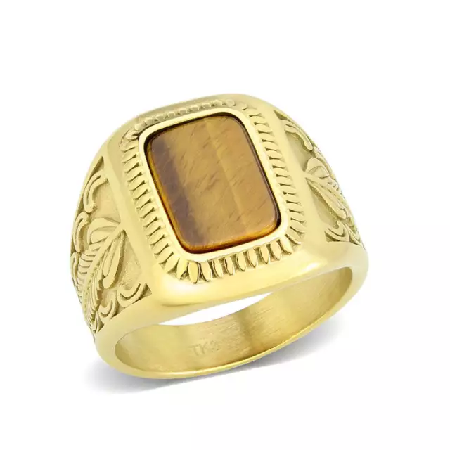 mens amber ring gold matt brown signet emerald cut pinky stainless steel 18kt