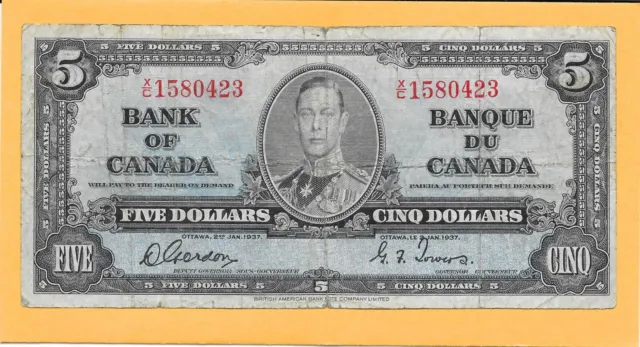 1937 Bank Of Canada 5 Dollar Bill X/C1580423 (Circulated)