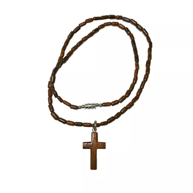 Hawaiian Jewelry Small Koa Wood Cross Pendant with Koa Wood Rice Bead Necklace