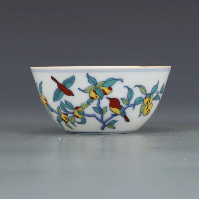 3.1" China Jingdezhen Doucai Contrasting Colors Porcelain Flower Bird Grain Cups