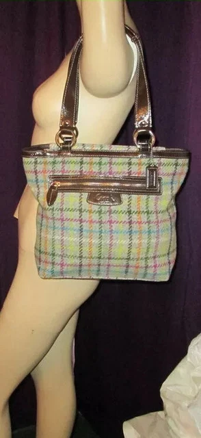 COACH Wool TATTERSALL Tweed PENELOPE Tote LEATHER Trim SHOULDER Bag F15536