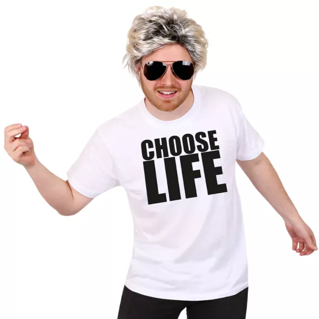 1980'S Choose Life T-Shirt Wig & Glasses Pop Star Celebrity Mens Fancy Dress