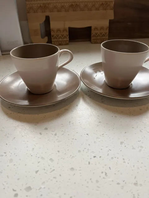 Two Poole Pottery Mushroom And Sepia Coffee Cups Saucers MCM Vintage 1960s Vgc