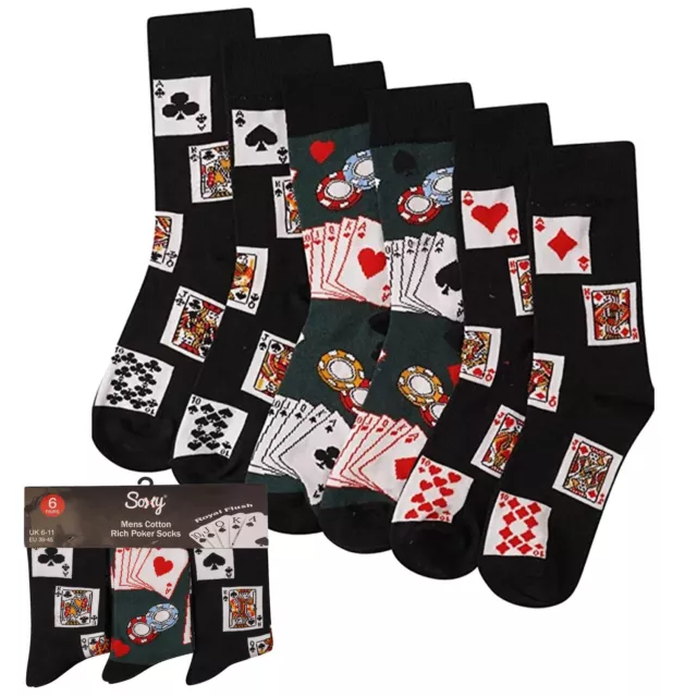 Mens 6 x Cotton Rich Poker Playing Cards Royal Flush Novelty Designer Socks Gift