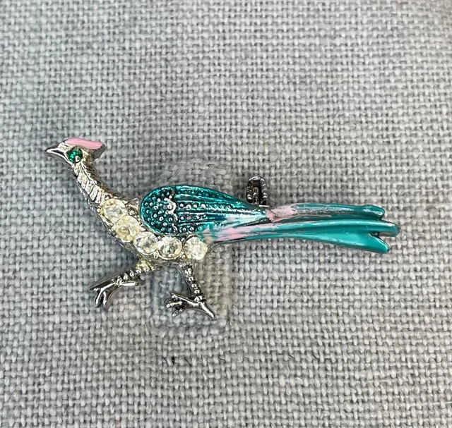 Peacock Bird Brooch Pin Vintage Silvertone Blue Green Enamel Rhinestone Colorful