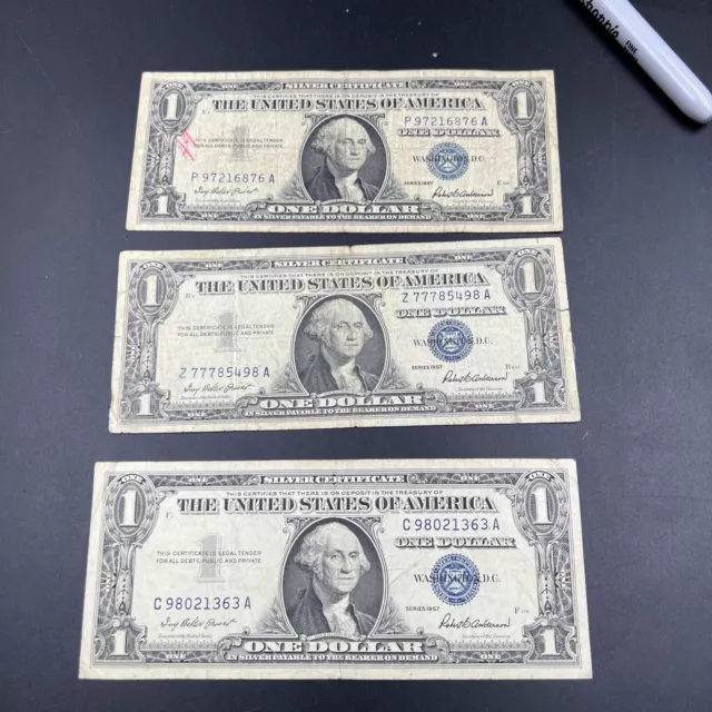 Lot of 3 Notes 1957 Silver Certificate Bill Currency US Blue Seal $1 G - VG #363