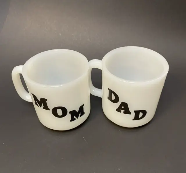 Vintage Glasbake  ‘Mom’ and ‘Dad’ milk glass mugs, Set of 2 coffee mugs tea