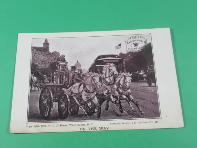 1906 On The Way Postcard Fireman Series Horse Carriage Engine Anheuser Bush Sign 1906 On The Way Postcard Fireman Series Horse Carriage Engine Anheuser Bush Sign