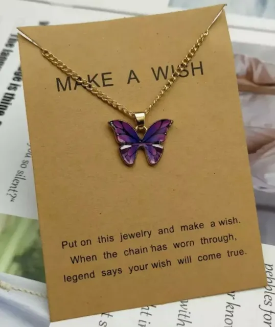 Purple Coloured Butterfly Pendant On Gold Coloured Necklace on make a wish gift