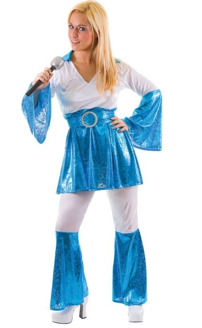 NEW 1970'S MAMMA Mia Blue & White Abba Ladies Fancy Dress Top & Flares  Costume 36.99 - PicClick UK