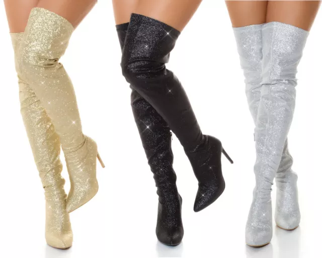 Bottes Femme Glitter sur Le Genou Cuissard Talon Stiletto Fête Soirée Neuf