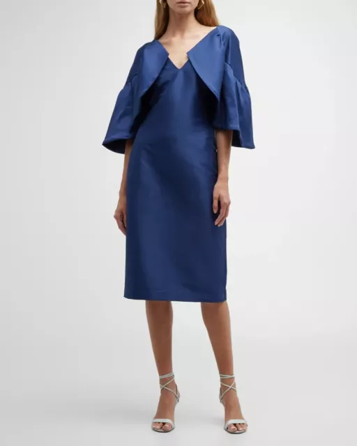 Badgley Mischka 3/4-Sleeve Ruffle Mikado Midi Dress $595 sz 12 Navy Modest Cape