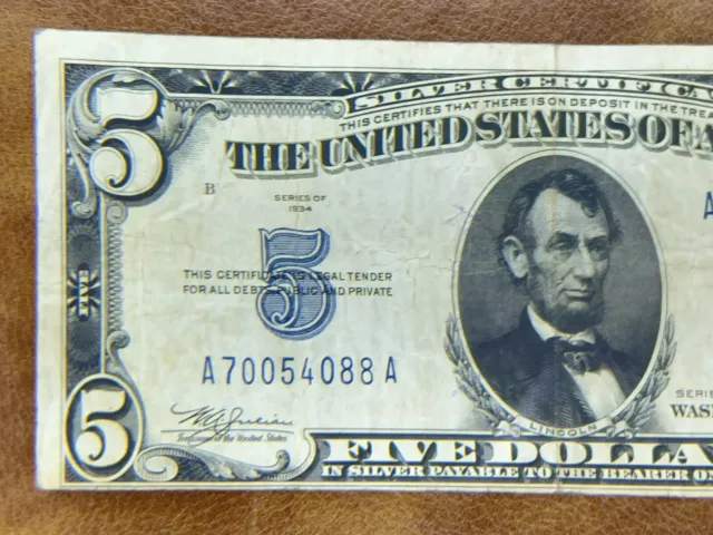 1934 Five Dollar Blue Seal Note Silver Certificate Old US Bill $5