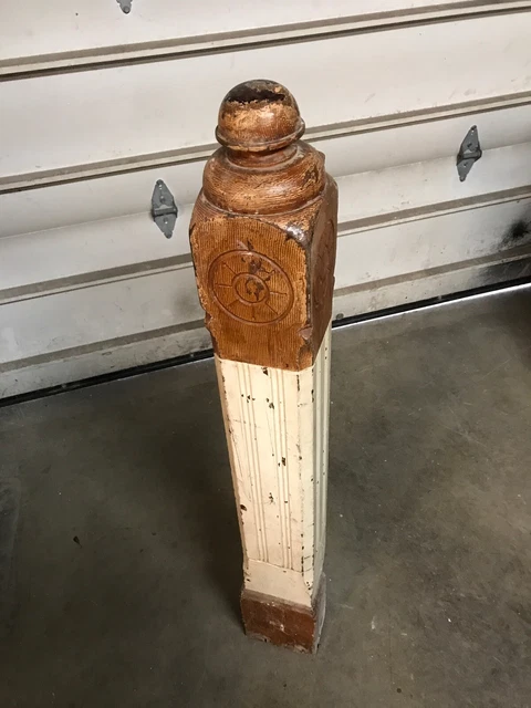 MAR carved Antique wooden painted Newell post 50 x 6 x 5 7/8 Walnut 2