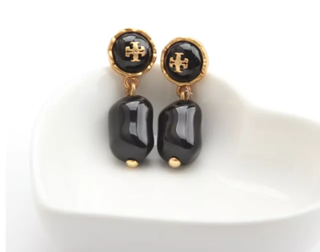 🆕 AUTHENTIC TORY BURCH ROXANNE Small Drop Earrings-Black/ Rolled Brass W/Pouch!