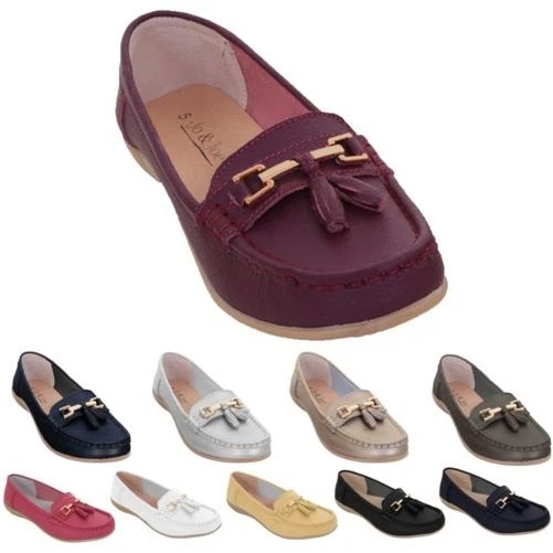 Femmes à Enfiler Cuir Large Mocassins Plat à Pompon Talon Bas Mocassins