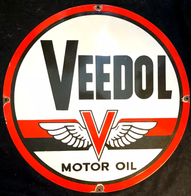 Vintage graphics VEEDOL MOTOR OIL PORCELAIN SIGN Rare Advertising 30" Diameter