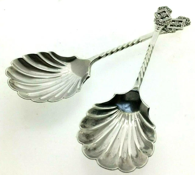 1893 Antique Victorian Sterling Silver Pair Shell Bowl Spoons 38.1g
