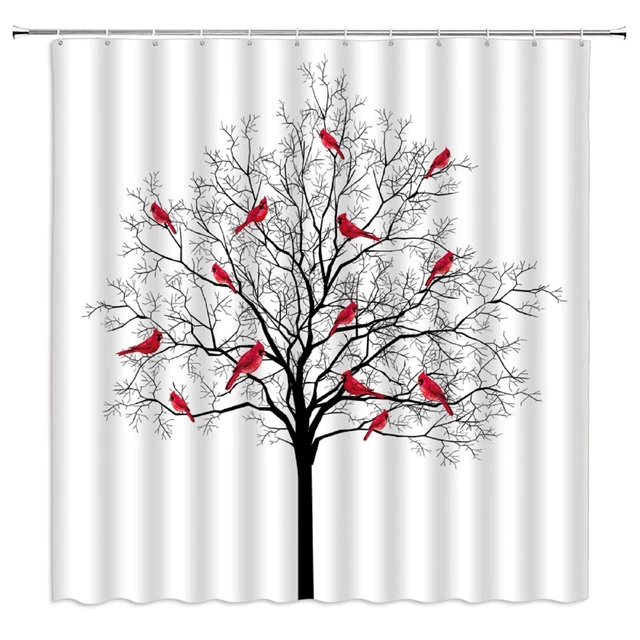 Tree Bird Shower Curtain Abatract Tree Forest Red Bird Branch Leafless Rustic...