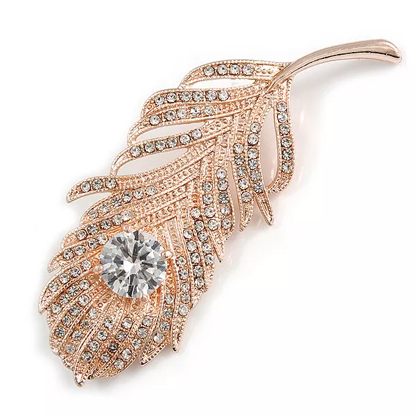 Large Peacock Feather Brooch In Rose Gold Tone Metal/ Clear - 7cm Long