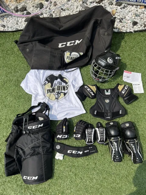 CCM Youth Hockey Helmet, Pads, Gloves, Little Penguin Equipment Bag, Jersey