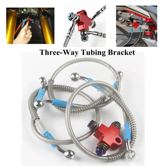 Red CNC Hydraulic Brake Hose Pipe Tee Connector 3-Way Tubing Bracket Motorcycle