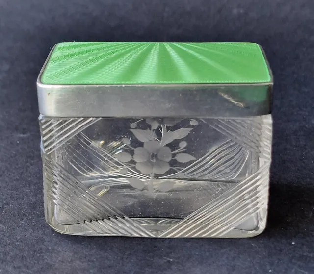 Superb Art Deco 1938 Hallmarked Silver, Guilloche Enamel Topped Cut Glass Jar 3