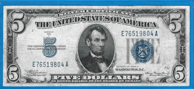 1934 A $5 Silver Certificate,Mule Note B/P# 900,Blue Seal,Circ Very Fine,Nice!